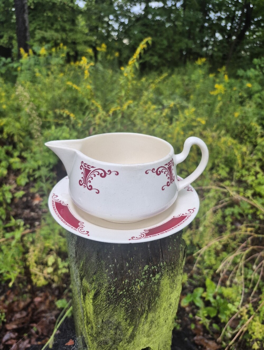 Classic White and Red Ceramic Gravy/ Creamer Boat with Saucer- Fall Table Decor